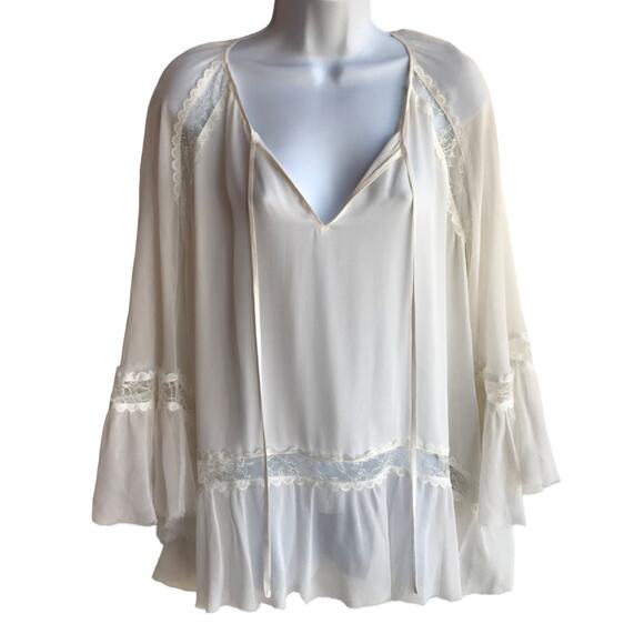 Alice + Olivia Tops - Alice + Olivia White Sheer Silk "Poets Blouse" with Lace, Bell Sleeves size XS